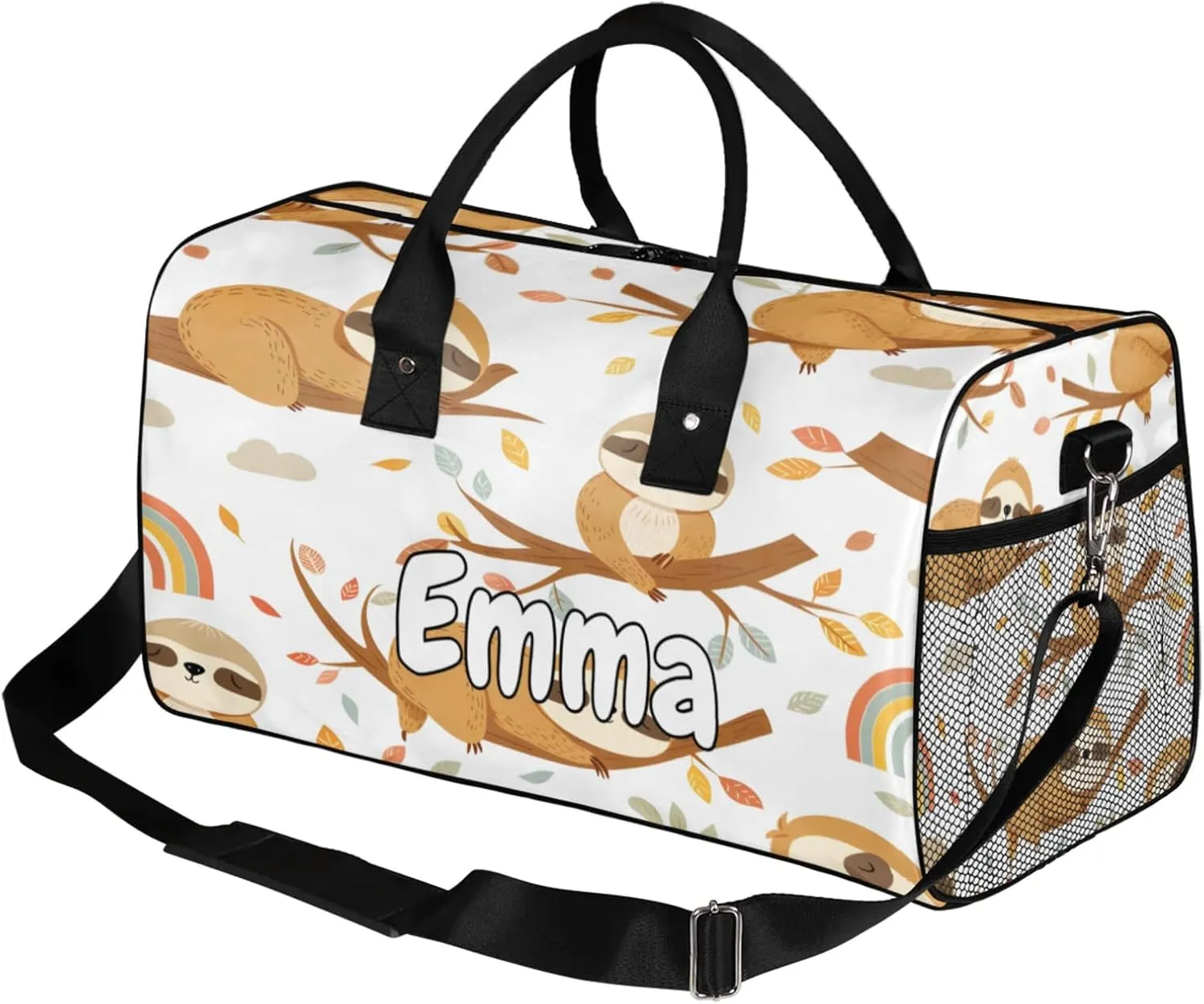 Personalized Funny Sloth Travel Duffel Bag with Name, Custom Gym Sport Bag Sloth Hanging on Branch Carry On Weekend Overnight Duffel Bag for Men Women