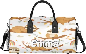 Personalized Funny Sloth Travel Duffel Bag with Name, Custom Gym Sport Bag Sloth Hanging on Branch Carry On Weekend Overnight Duffel Bag for Men Women