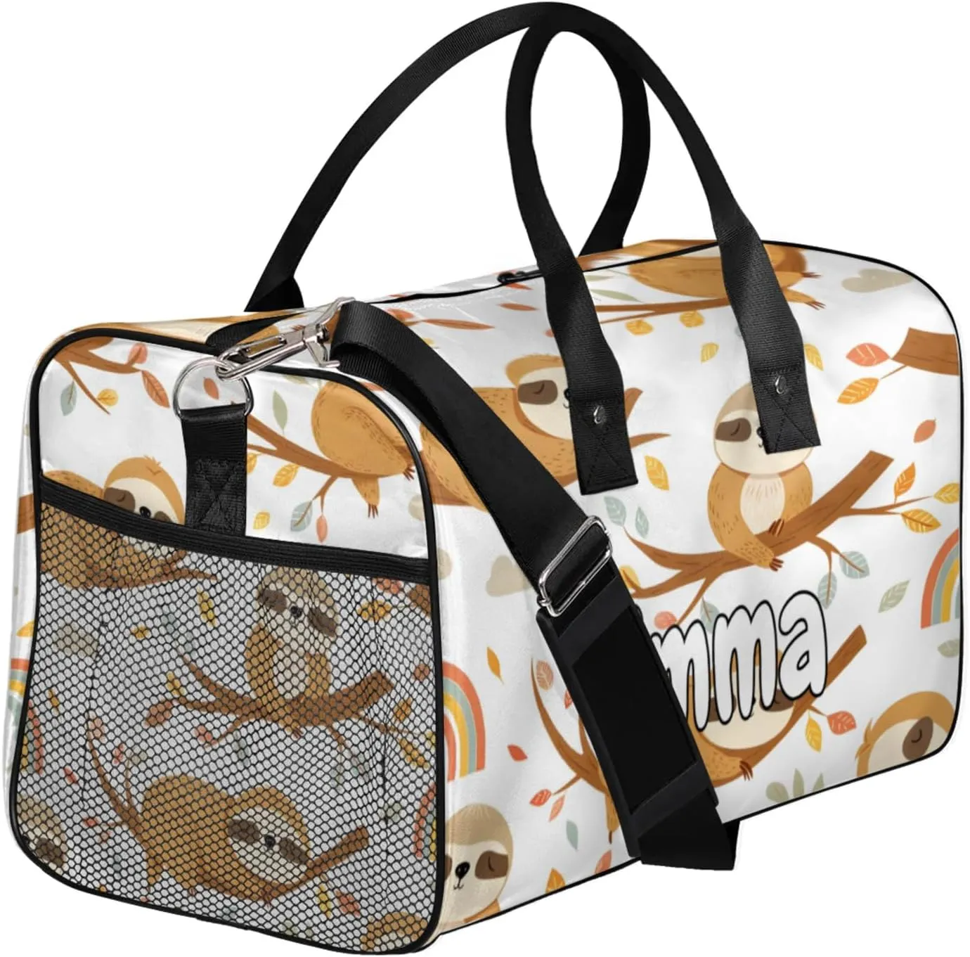 Personalized Funny Sloth Travel Duffel Bag with Name, Custom Gym Sport Bag Sloth Hanging on Branch Carry On Weekend Overnight Duffel Bag for Men Women