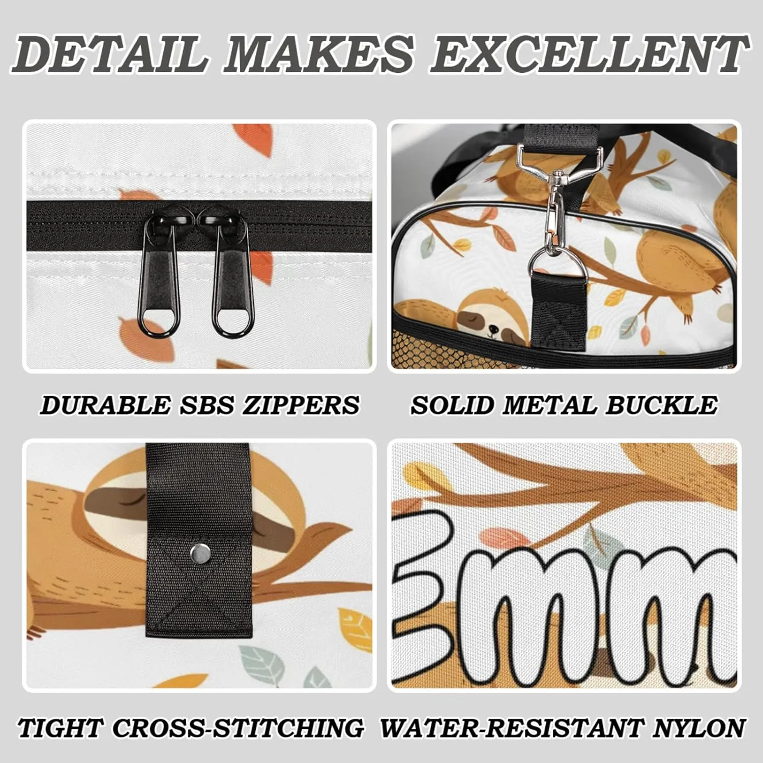 Personalized Funny Sloth Travel Duffel Bag with Name, Custom Gym Sport Bag Sloth Hanging on Branch Carry On Weekend Overnight Duffel Bag for Men Women
