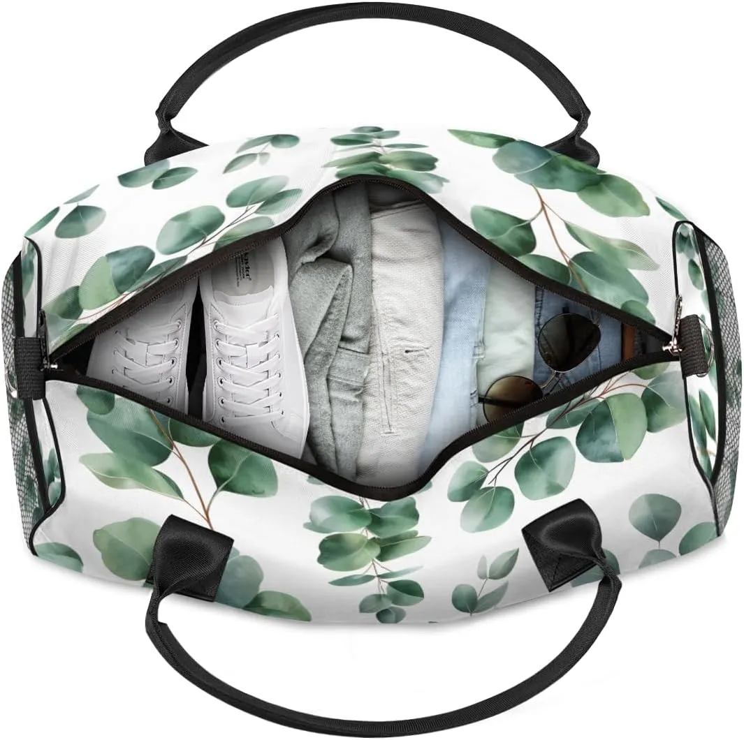 Personalized Green Eucalyptus Travel Duffel Bag with Name, Custom Gym Sport Bag Watercolor Floral Plant Leaf Carry On Weekend Overnight Duffel Bag for Men Women