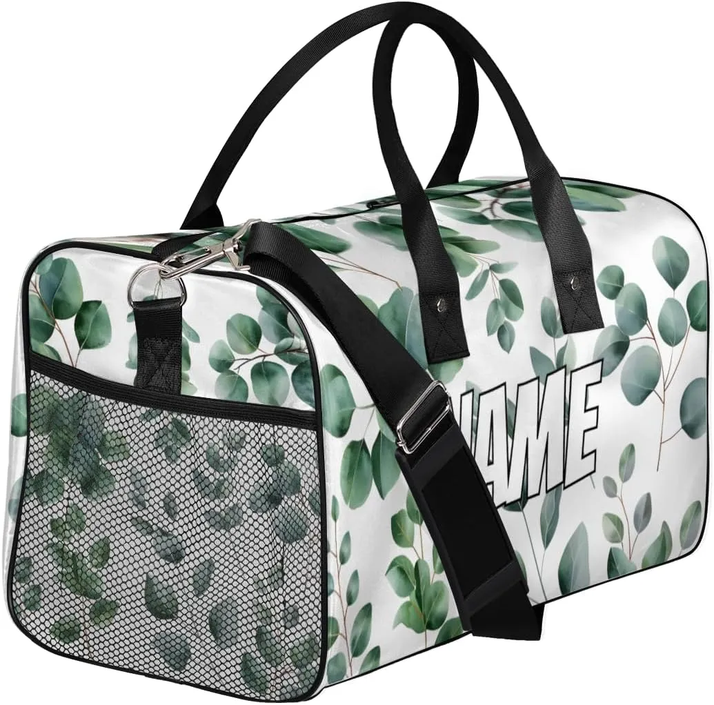 Personalized Green Eucalyptus Travel Duffel Bag with Name, Custom Gym Sport Bag Watercolor Floral Plant Leaf Carry On Weekend Overnight Duffel Bag for Men Women