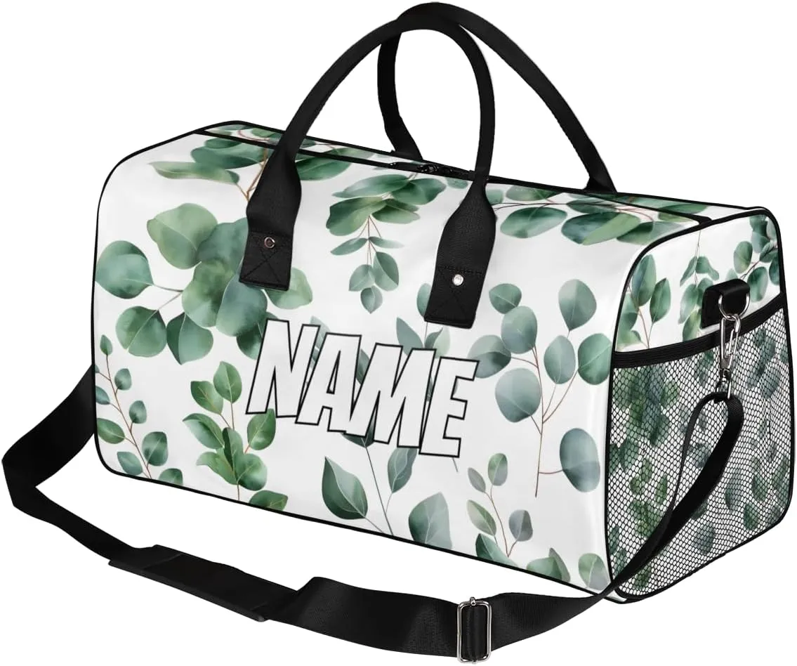 Personalized Green Eucalyptus Travel Duffel Bag with Name, Custom Gym Sport Bag Watercolor Floral Plant Leaf Carry On Weekend Overnight Duffel Bag for Men Women