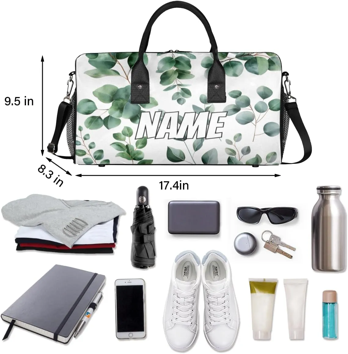 Personalized Green Eucalyptus Travel Duffel Bag with Name, Custom Gym Sport Bag Watercolor Floral Plant Leaf Carry On Weekend Overnight Duffel Bag for Men Women