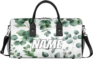 Personalized Green Eucalyptus Travel Duffel Bag with Name, Custom Gym Sport Bag Watercolor Floral Plant Leaf Carry On Weekend Overnight Duffel Bag for Men Women