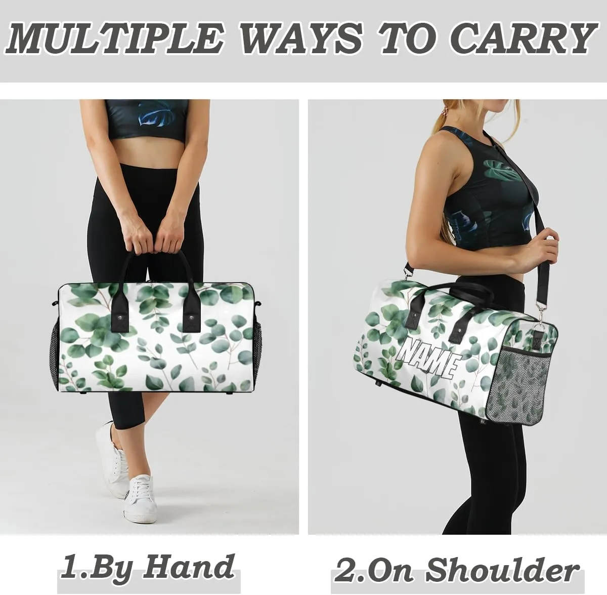 Personalized Green Eucalyptus Travel Duffel Bag with Name, Custom Gym Sport Bag Watercolor Floral Plant Leaf Carry On Weekend Overnight Duffel Bag for Men Women