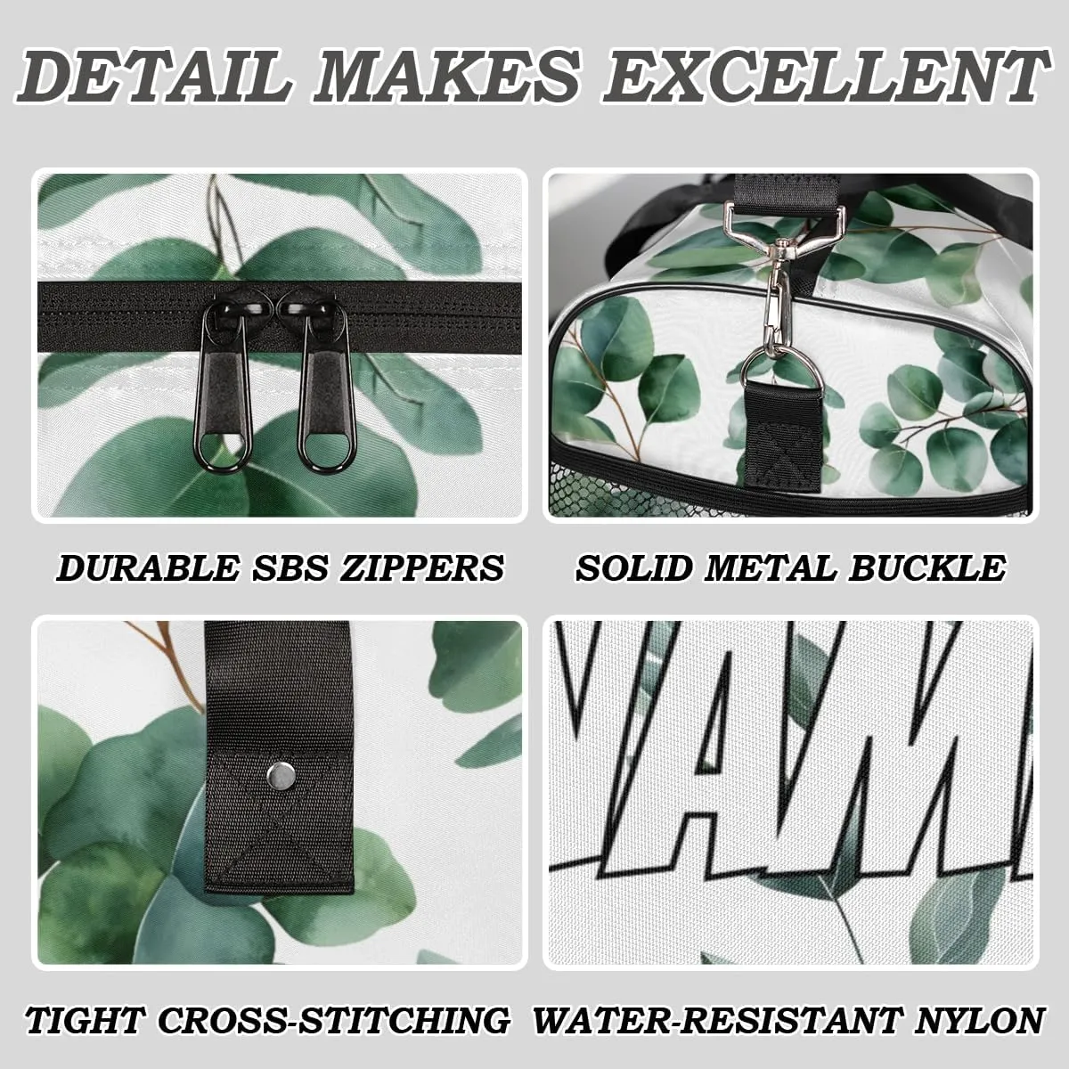 Personalized Green Eucalyptus Travel Duffel Bag with Name, Custom Gym Sport Bag Watercolor Floral Plant Leaf Carry On Weekend Overnight Duffel Bag for Men Women