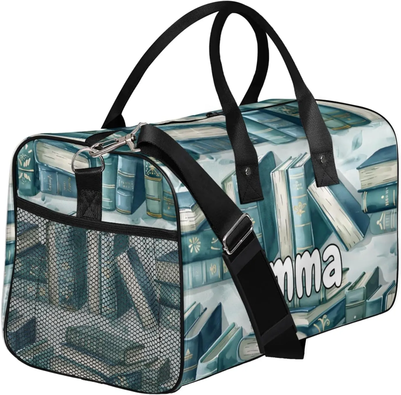 Personalized Library Bookshelf Travel Duffel Bag with Name, Custom Gym Sport Bag Retro Old Carry On Weekend Overnight Duffel Bag for Men Women