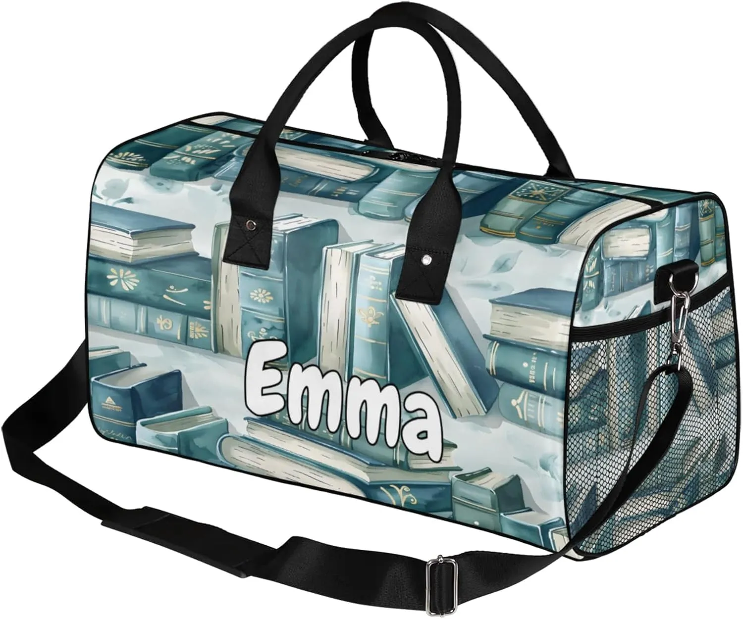 Personalized Library Bookshelf Travel Duffel Bag with Name, Custom Gym Sport Bag Retro Old Carry On Weekend Overnight Duffel Bag for Men Women