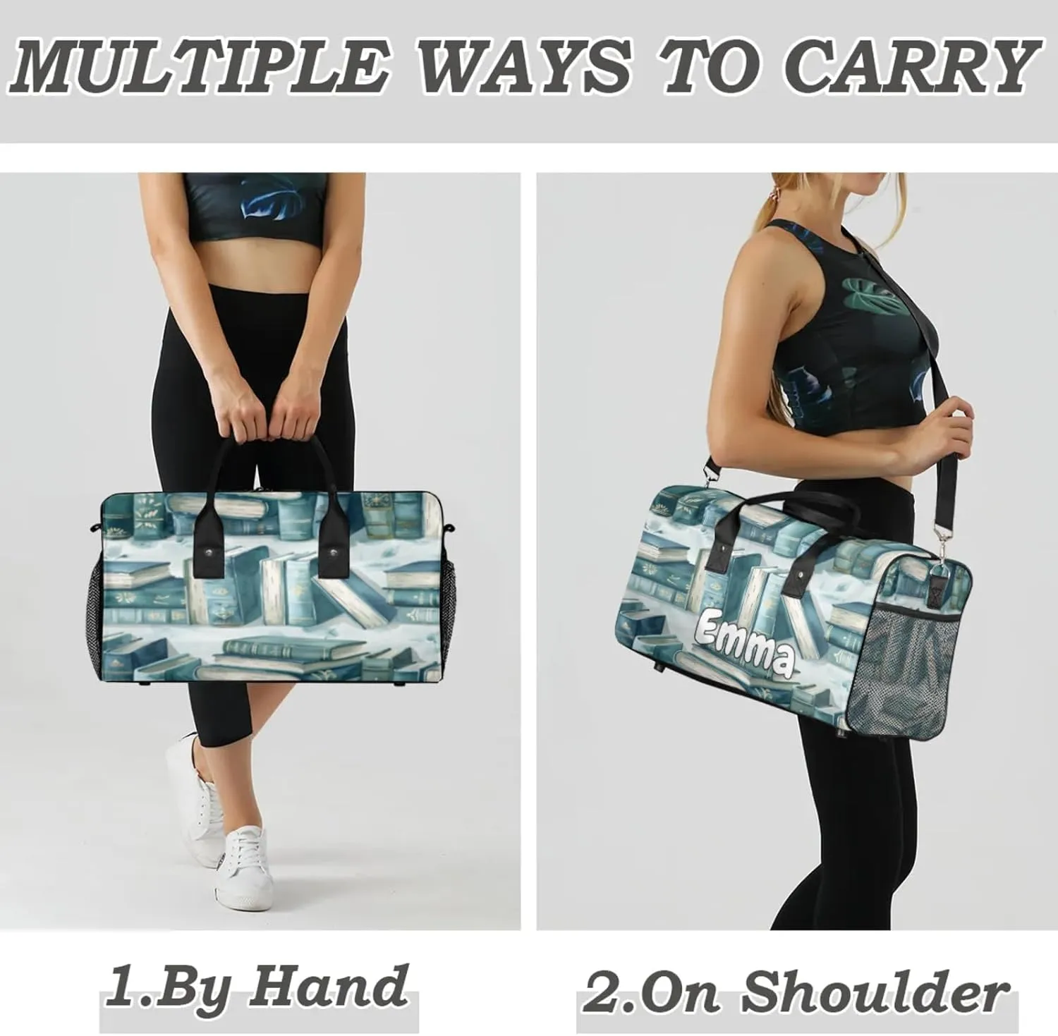 Personalized Library Bookshelf Travel Duffel Bag with Name, Custom Gym Sport Bag Retro Old Carry On Weekend Overnight Duffel Bag for Men Women