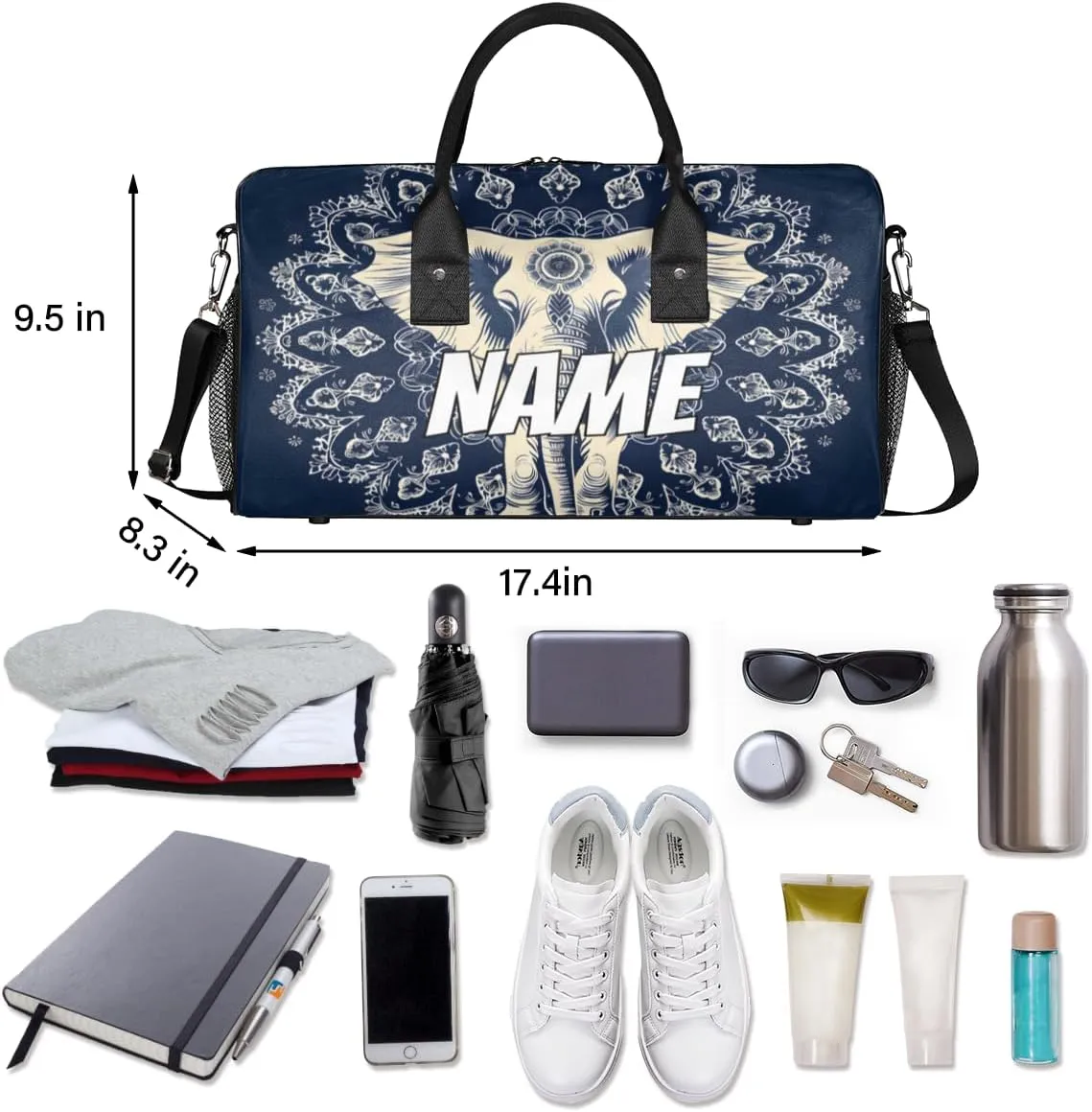 Personalized Mandala Elephant Travel Duffel Bag with Name, Custom Gym Sport Bag Ethnic Retro Carry On Weekend Overnight Duffel Bag for Men Women