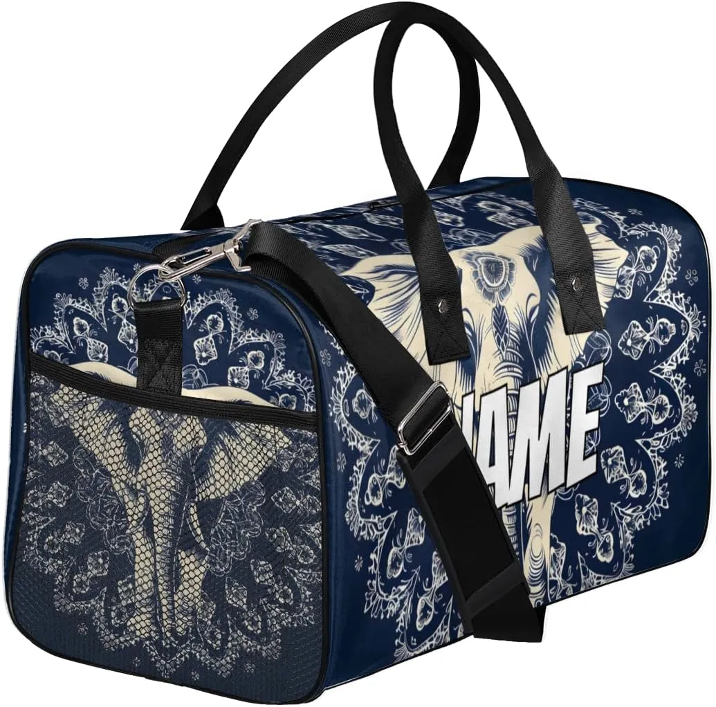 Personalized Mandala Elephant Travel Duffel Bag with Name, Custom Gym Sport Bag Ethnic Retro Carry On Weekend Overnight Duffel Bag for Men Women