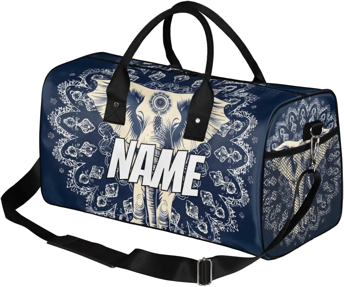 Personalized Mandala Elephant Travel Duffel Bag with Name, Custom Gym Sport Bag Ethnic Retro Carry On Weekend Overnight Duffel Bag for Men Women