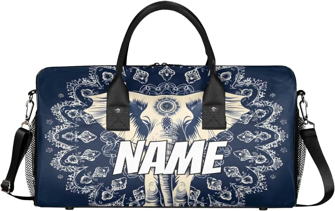 Personalized Mandala Elephant Travel Duffel Bag with Name, Custom Gym Sport Bag Ethnic Retro Carry On Weekend Overnight Duffel Bag for Men Women