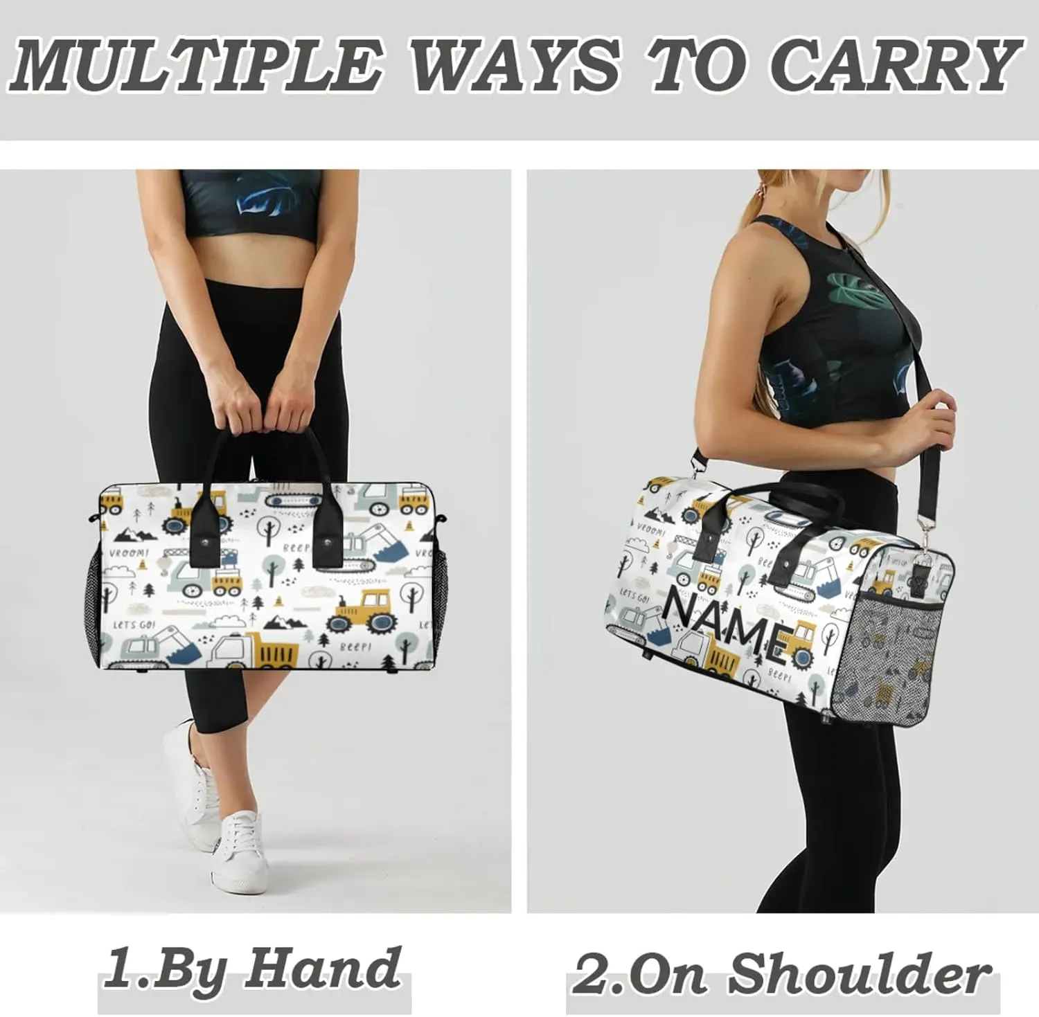 Personalized Mechanical Truck Excavator Travel Duffel Bag with Name, Custom Gym Sport Bag Car Truck Carry On Weekend Overnight Duffel Bag for Men Women