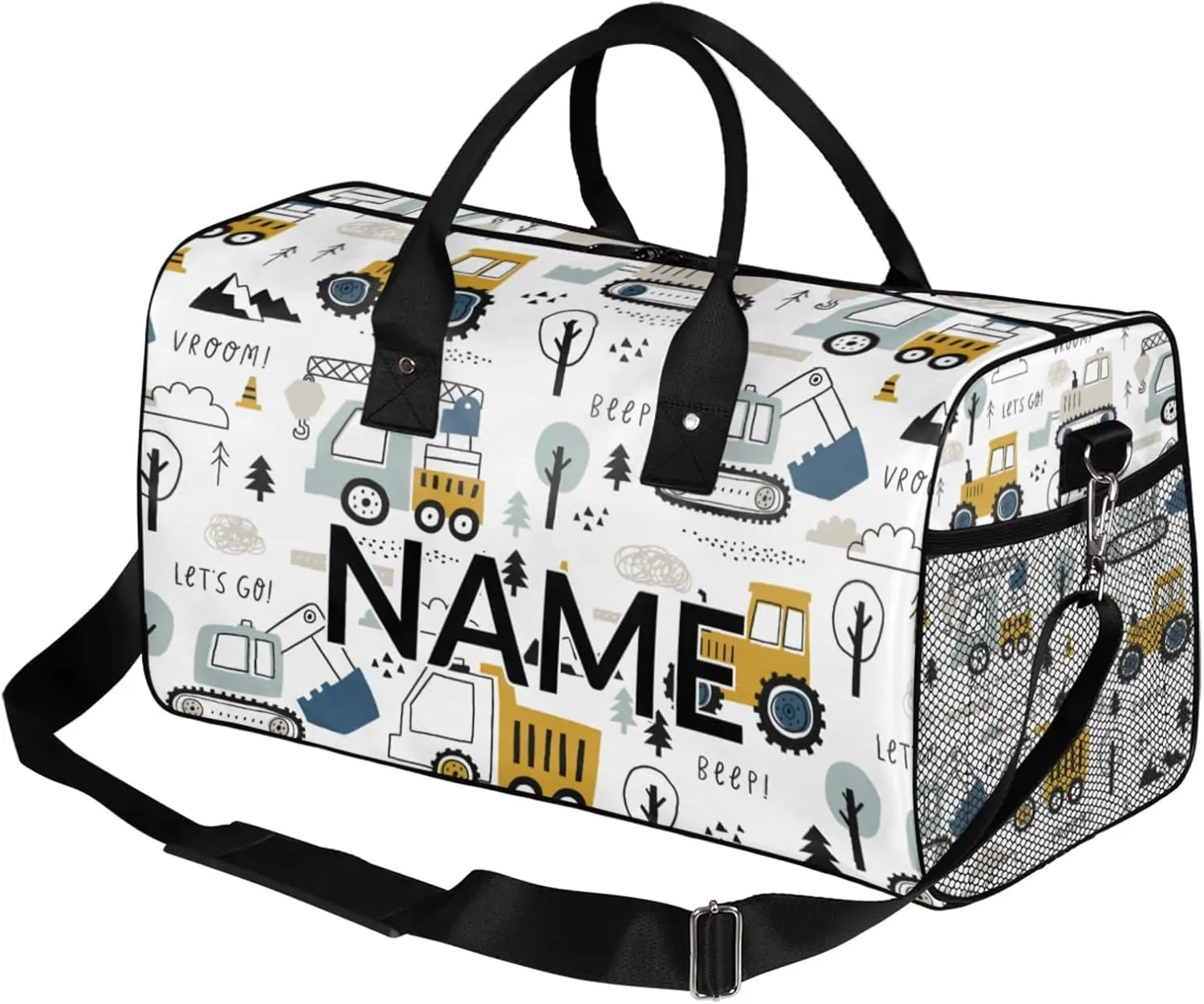 Personalized Mechanical Truck Excavator Travel Duffel Bag with Name, Custom Gym Sport Bag Car Truck Carry On Weekend Overnight Duffel Bag for Men Women