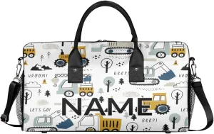 Personalized Mechanical Truck Excavator Travel Duffel Bag with Name, Custom Gym Sport Bag Car Truck Carry On Weekend Overnight Duffel Bag for Men Women