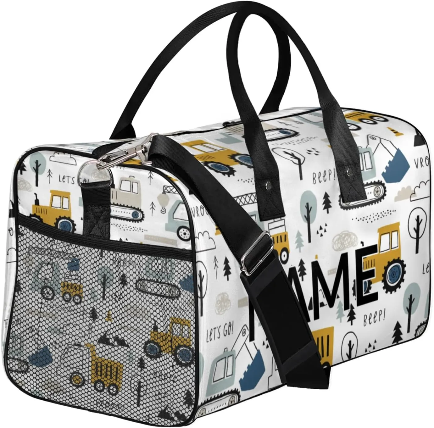 Personalized Mechanical Truck Excavator Travel Duffel Bag with Name, Custom Gym Sport Bag Car Truck Carry On Weekend Overnight Duffel Bag for Men Women