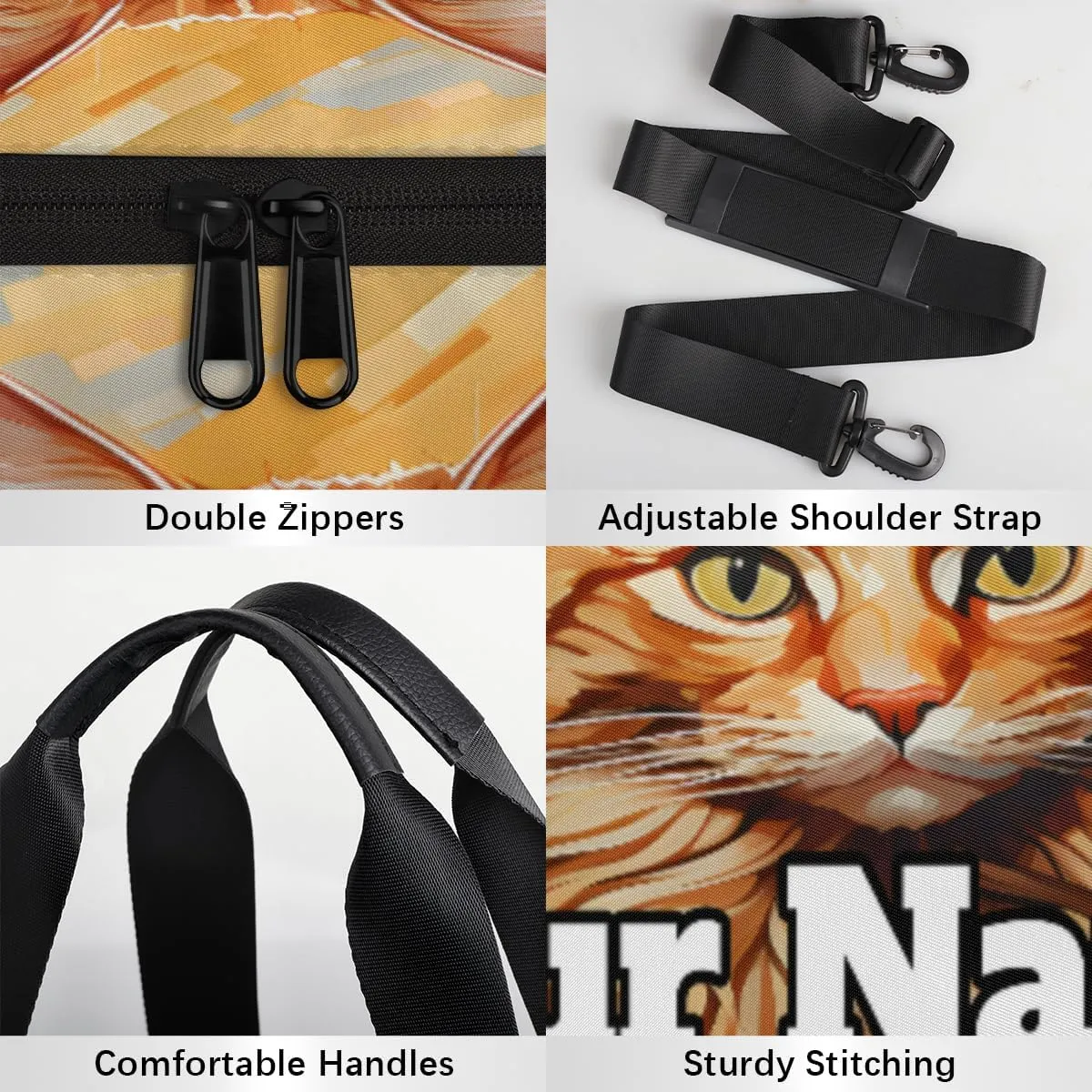 Personalized Name Gym Bag for Women, Customized Cat Cylinder Sports Bags for Men, Waterproof Weekender Bag, Duffle Bags for Travel Swim Dance, Cat Sunflower