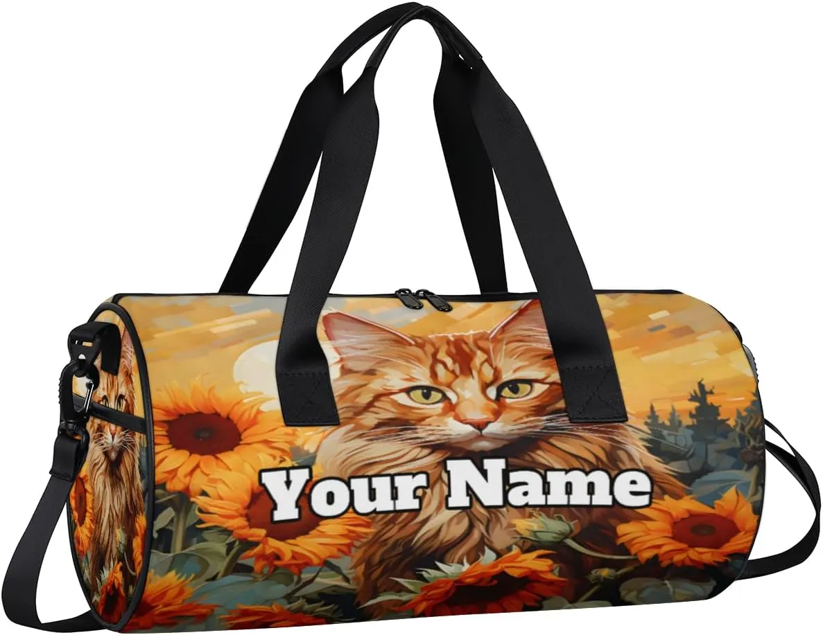 Personalized Name Gym Bag for Women, Customized Cat Cylinder Sports Bags for Men, Waterproof Weekender Bag, Duffle Bags for Travel Swim Dance, Cat Sunflower
