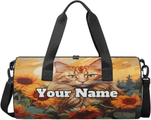 Personalized Name Gym Bag for Women, Customized Cat Cylinder Sports Bags for Men, Waterproof Weekender Bag, Duffle Bags for Travel Swim Dance, Cat Sunflower