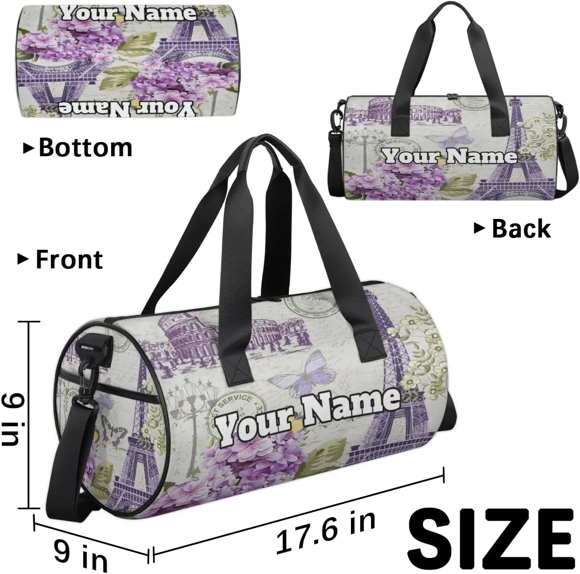 Personalized Name Gym Bag for Women, Customized Eiffel Tower Cylinder Sports Bags for Men, Waterproof Weekender Bag, Duffle Bags for Travel Swim Dance, Paris Theme