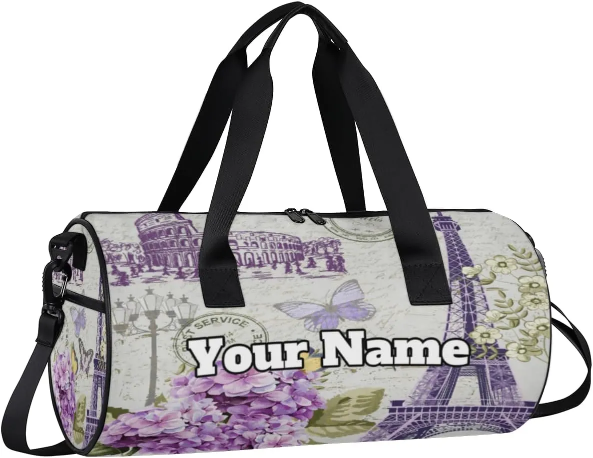 Personalized Name Gym Bag for Women, Customized Eiffel Tower Cylinder Sports Bags for Men, Waterproof Weekender Bag, Duffle Bags for Travel Swim Dance, Paris Theme