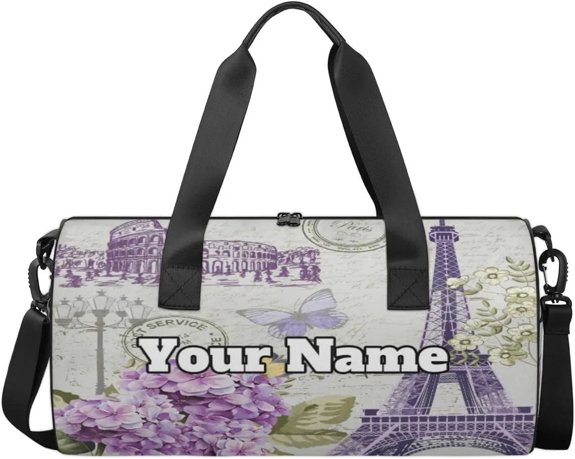 Personalized Name Gym Bag for Women, Customized Eiffel Tower Cylinder Sports Bags for Men, Waterproof Weekender Bag, Duffle Bags for Travel Swim Dance, Paris Theme