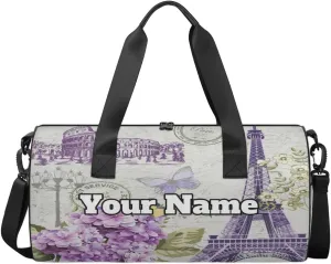 Personalized Name Gym Bag for Women, Customized Eiffel Tower Cylinder Sports Bags for Men, Waterproof Weekender Bag, Duffle Bags for Travel Swim Dance, Paris Theme