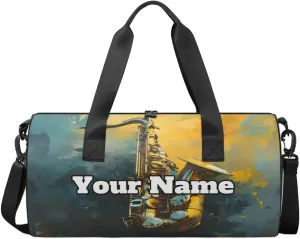 Personalized Name Gym Bag for Women, Customized Saxophone Cylinder Sports Bags for Men, Waterproof Weekender Bag, Duffle Bags for Travel Swim Dance, Jazz Music