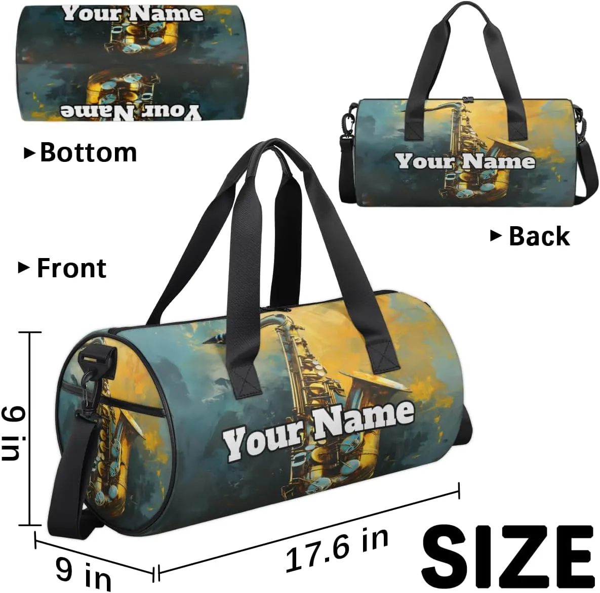 Personalized Name Gym Bag for Women, Customized Saxophone Cylinder Sports Bags for Men, Waterproof Weekender Bag, Duffle Bags for Travel Swim Dance, Jazz Music