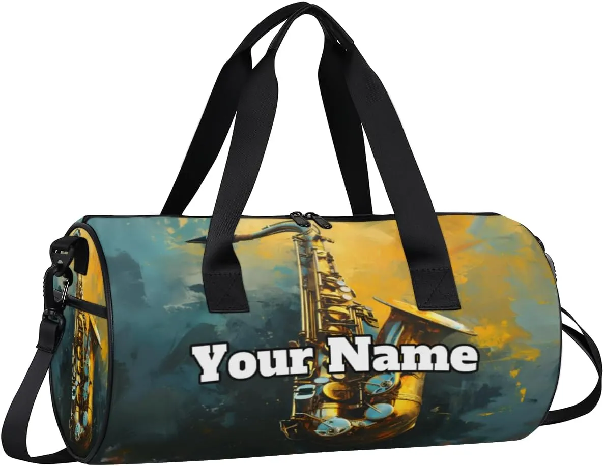 Personalized Name Gym Bag for Women, Customized Saxophone Cylinder Sports Bags for Men, Waterproof Weekender Bag, Duffle Bags for Travel Swim Dance, Jazz Music