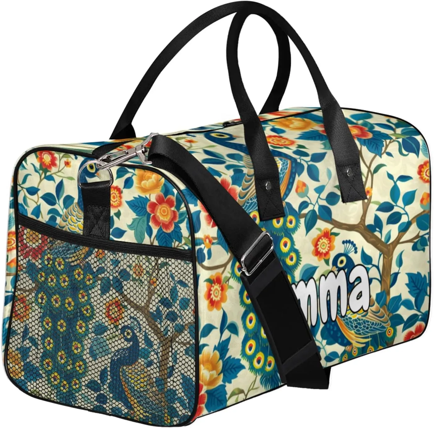 Personalized Peacock Travel Duffel Bag with Name, Custom Gym Sport Bag Watercolor Bird Feather Carry On Weekend Overnight Duffel Bag for Men Women