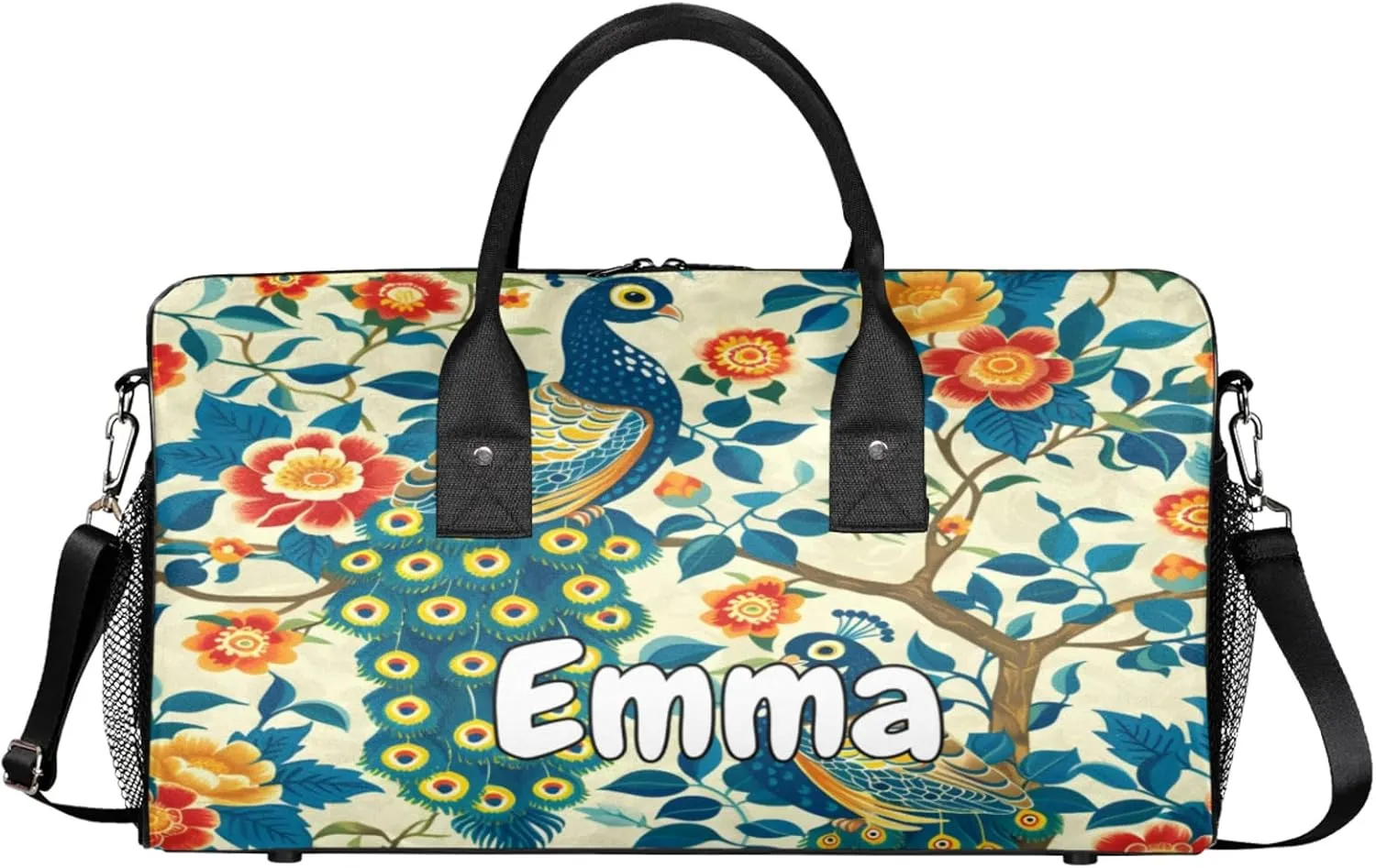 Personalized Peacock Travel Duffel Bag with Name, Custom Gym Sport Bag Watercolor Bird Feather Carry On Weekend Overnight Duffel Bag for Men Women