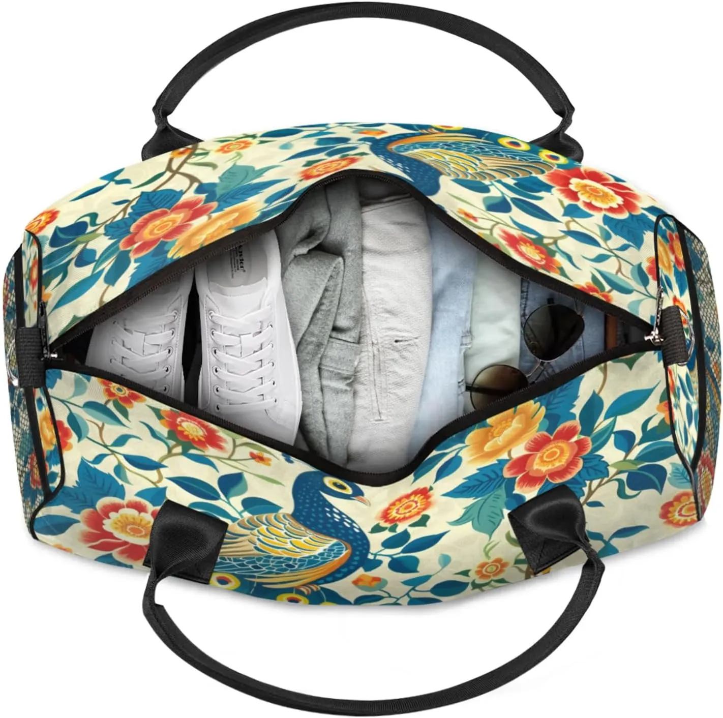 Personalized Peacock Travel Duffel Bag with Name, Custom Gym Sport Bag Watercolor Bird Feather Carry On Weekend Overnight Duffel Bag for Men Women