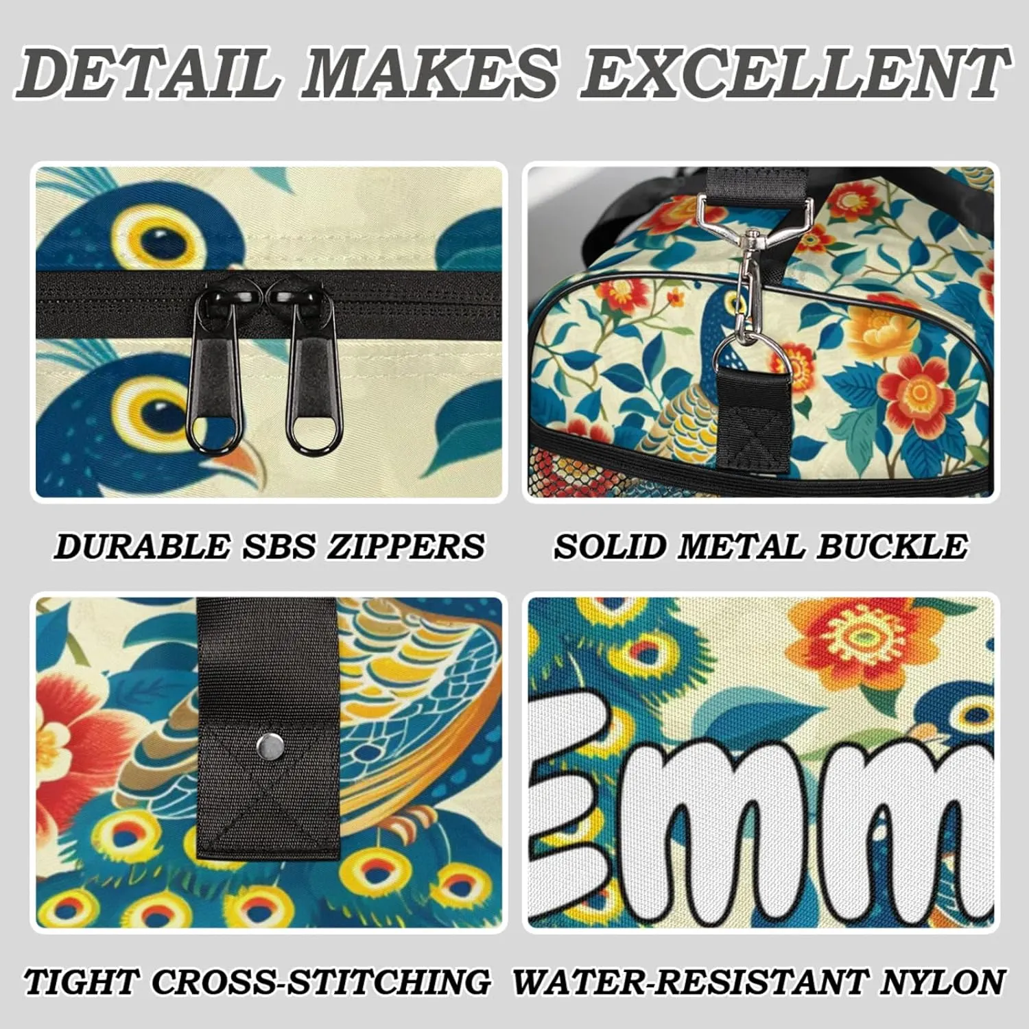 Personalized Peacock Travel Duffel Bag with Name, Custom Gym Sport Bag Watercolor Bird Feather Carry On Weekend Overnight Duffel Bag for Men Women