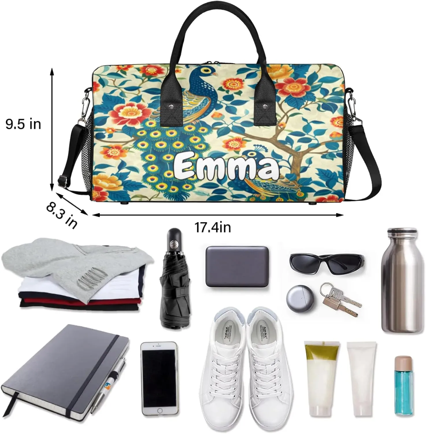 Personalized Peacock Travel Duffel Bag with Name, Custom Gym Sport Bag Watercolor Bird Feather Carry On Weekend Overnight Duffel Bag for Men Women