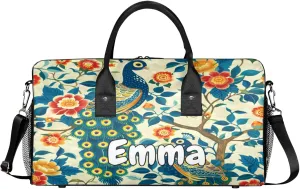 Personalized Peacock Travel Duffel Bag with Name, Custom Gym Sport Bag Watercolor Bird Feather Carry On Weekend Overnight Duffel Bag for Men Women