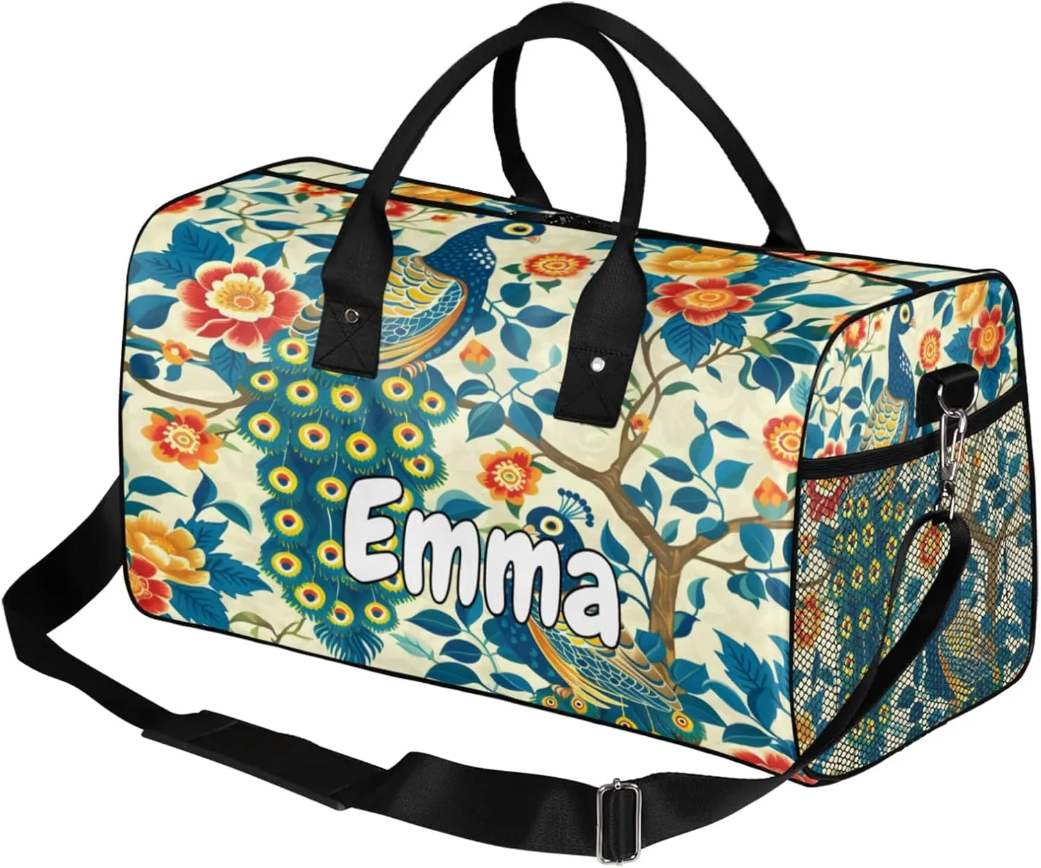 Personalized Peacock Travel Duffel Bag with Name, Custom Gym Sport Bag Watercolor Bird Feather Carry On Weekend Overnight Duffel Bag for Men Women