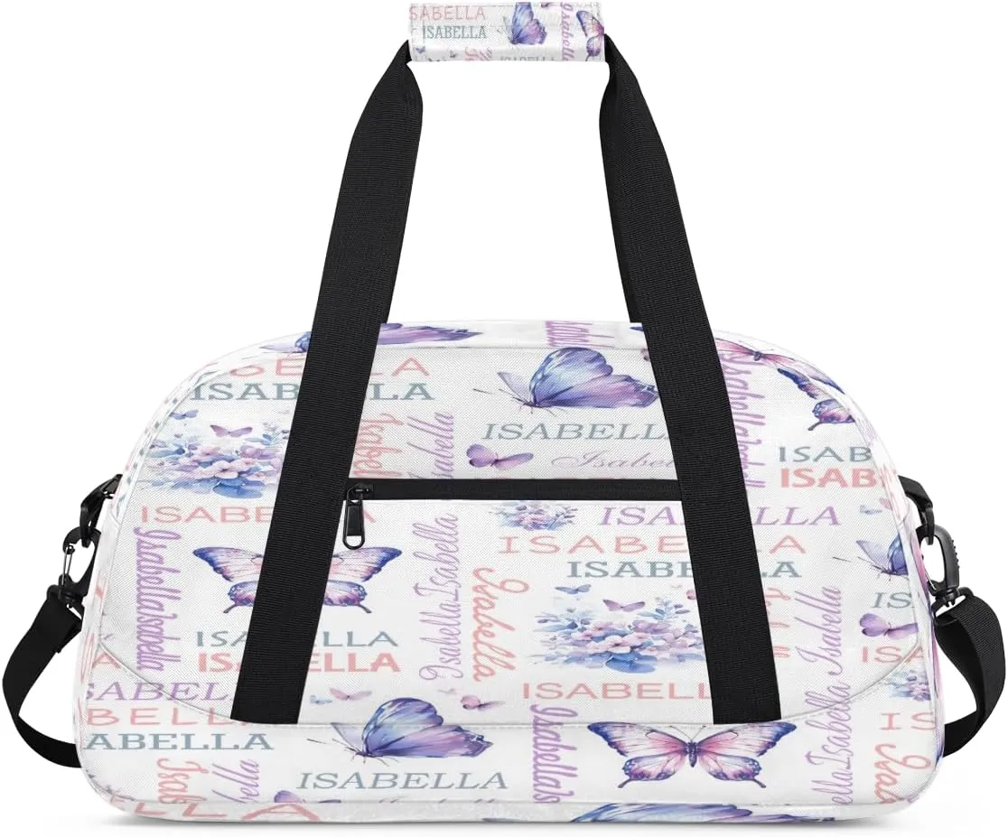 Personalized Purple Butterflies Sports Duffel Bag for Women Men, Custom Travel Gym Bags Birthday Gifts with Name, Purple Butterflies Overnight Weekender Bag