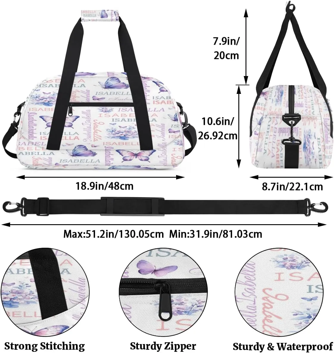 Personalized Purple Butterflies Sports Duffel Bag for Women Men, Custom Travel Gym Bags Birthday Gifts with Name, Purple Butterflies Overnight Weekender Bag