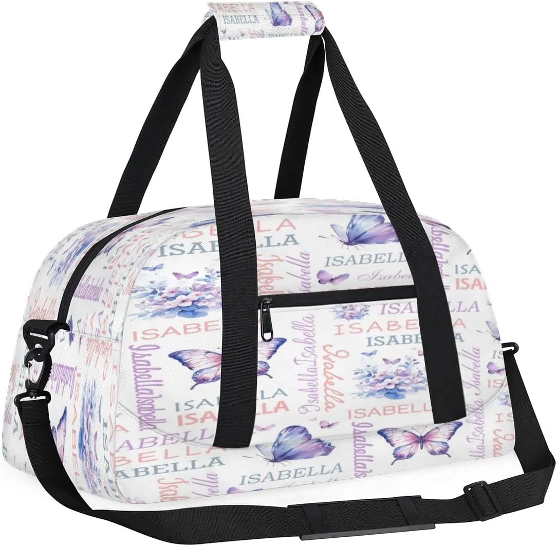 Personalized Purple Butterflies Sports Duffel Bag for Women Men, Custom Travel Gym Bags Birthday Gifts with Name, Purple Butterflies Overnight Weekender Bag