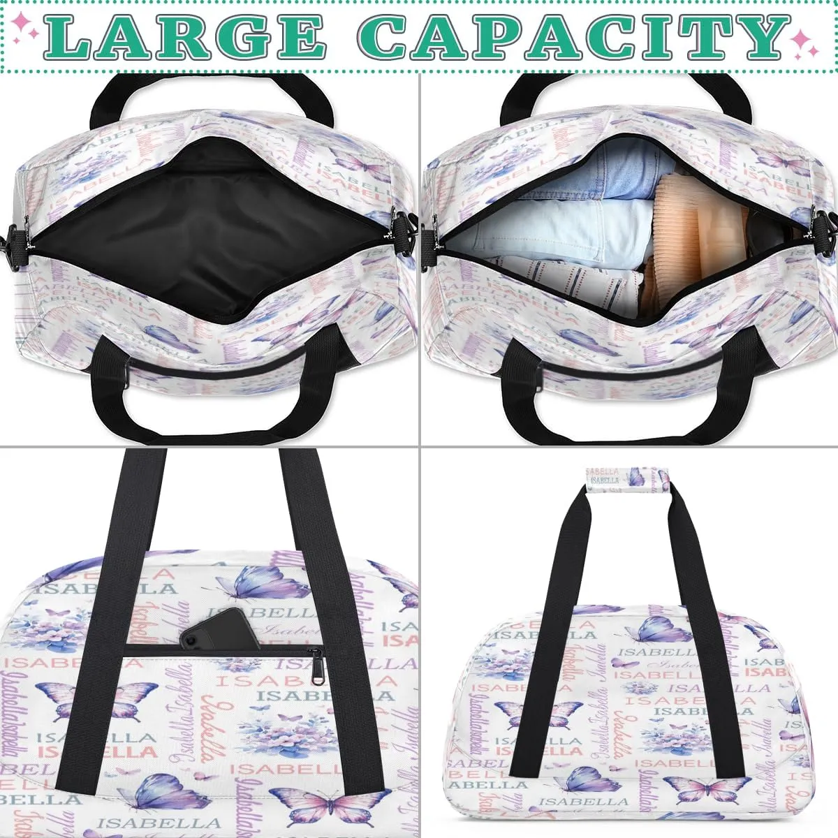 Personalized Purple Butterflies Sports Duffel Bag for Women Men, Custom Travel Gym Bags Birthday Gifts with Name, Purple Butterflies Overnight Weekender Bag