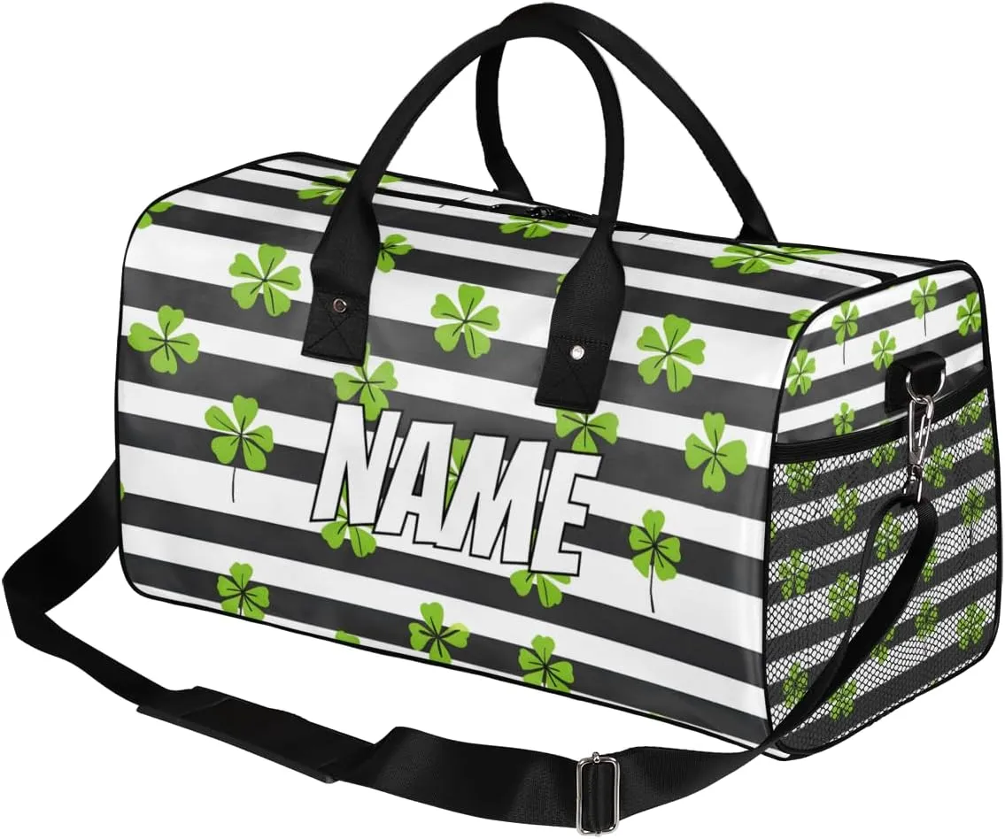 Personalized St. Patrick's Day Clover Travel Duffel Bag with Name, Custom Gym Sport Bag Black White Stripe Carry On Weekend Overnight Duffel Bag for Men Women