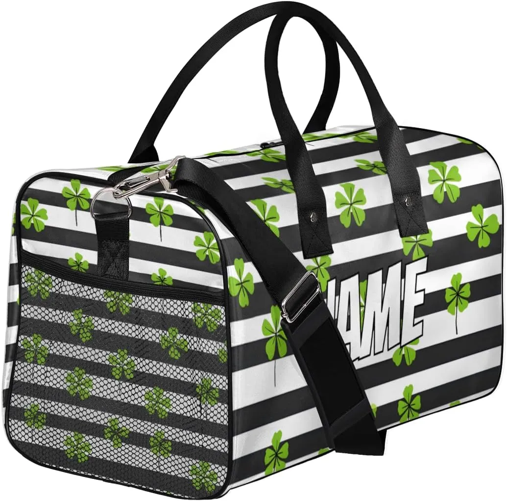 Personalized St. Patrick's Day Clover Travel Duffel Bag with Name, Custom Gym Sport Bag Black White Stripe Carry On Weekend Overnight Duffel Bag for Men Women