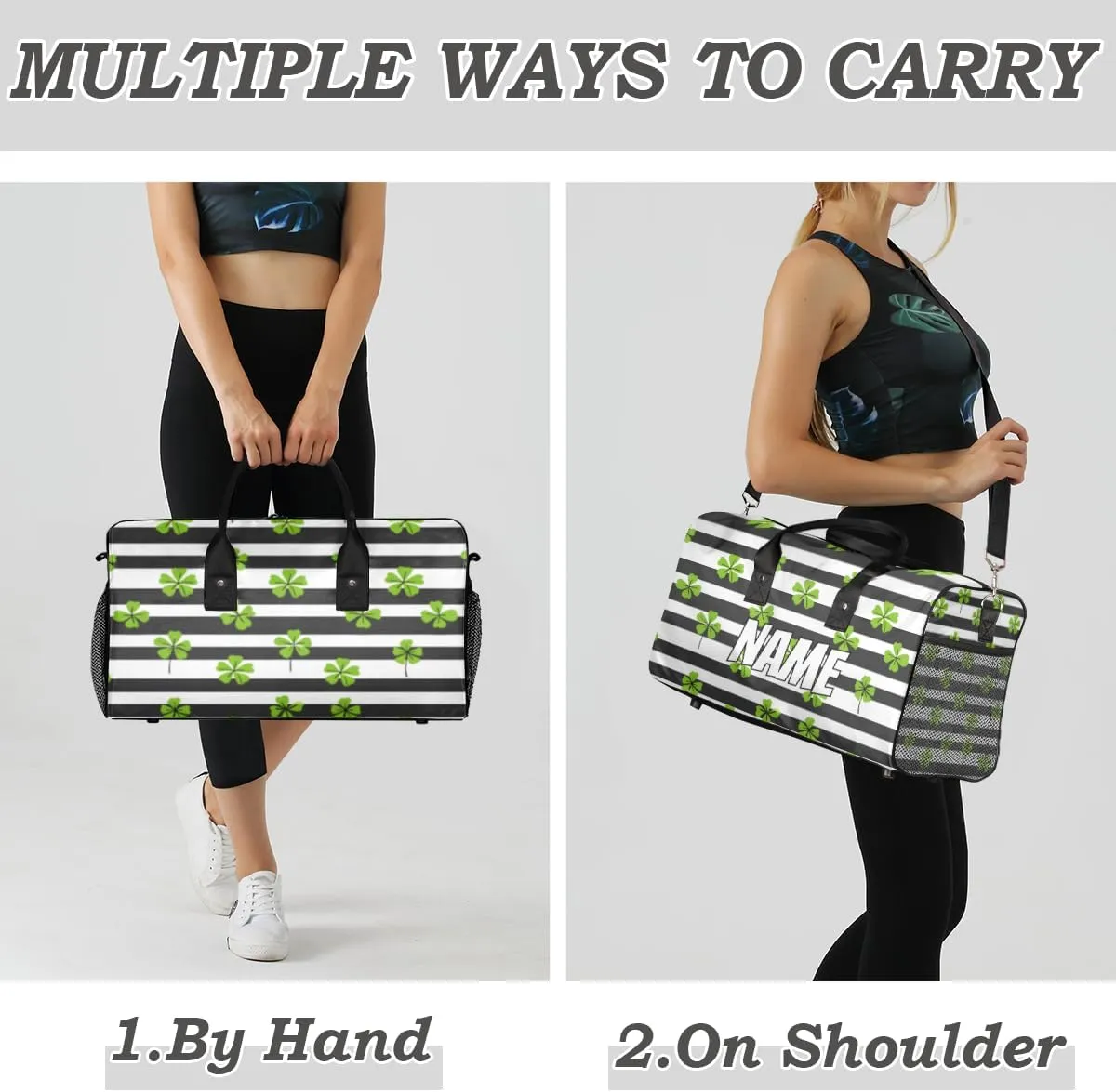 Personalized St. Patrick's Day Clover Travel Duffel Bag with Name, Custom Gym Sport Bag Black White Stripe Carry On Weekend Overnight Duffel Bag for Men Women