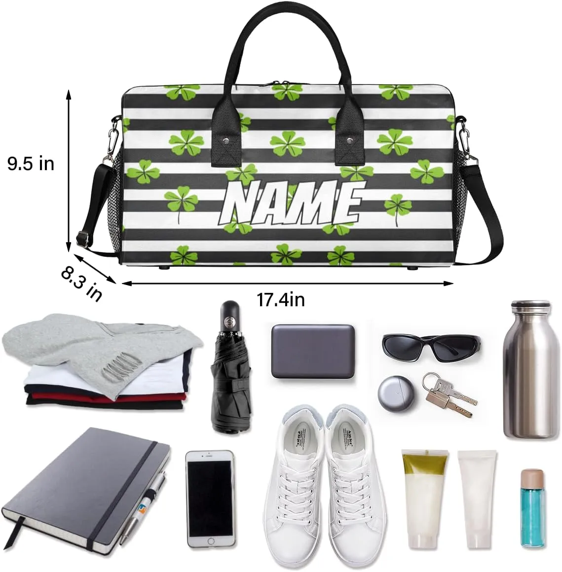 Personalized St. Patrick's Day Clover Travel Duffel Bag with Name, Custom Gym Sport Bag Black White Stripe Carry On Weekend Overnight Duffel Bag for Men Women