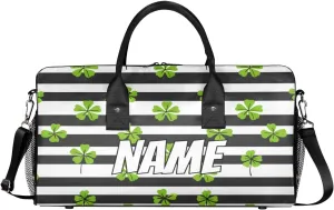 Personalized St. Patrick's Day Clover Travel Duffel Bag with Name, Custom Gym Sport Bag Black White Stripe Carry On Weekend Overnight Duffel Bag for Men Women
