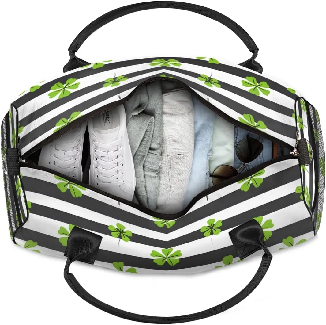 Personalized St. Patrick's Day Clover Travel Duffel Bag with Name, Custom Gym Sport Bag Black White Stripe Carry On Weekend Overnight Duffel Bag for Men Women