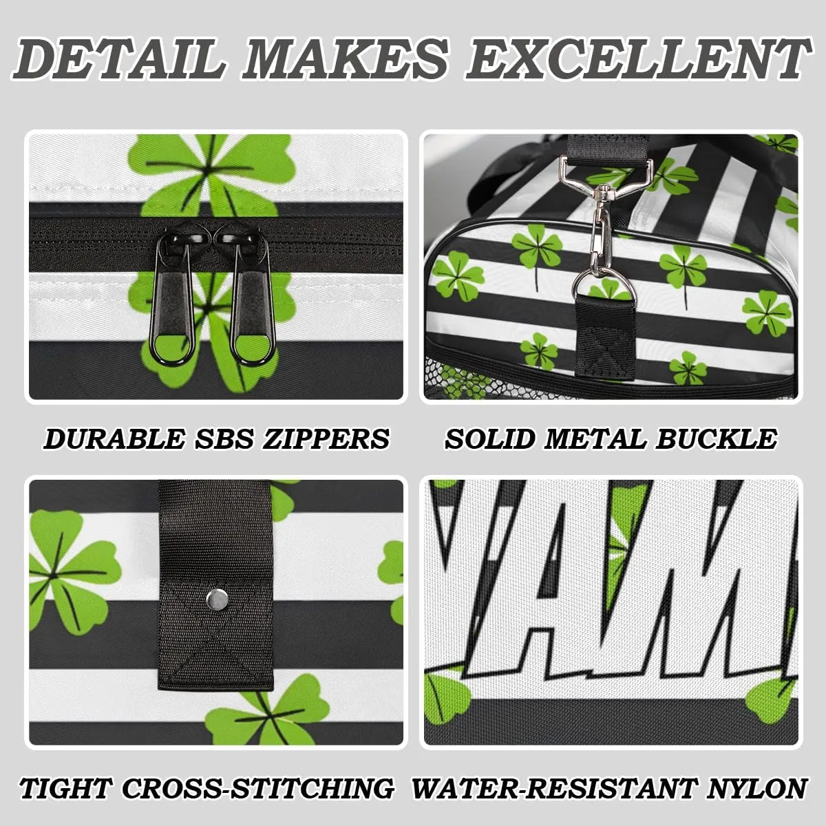 Personalized St. Patrick's Day Clover Travel Duffel Bag with Name, Custom Gym Sport Bag Black White Stripe Carry On Weekend Overnight Duffel Bag for Men Women